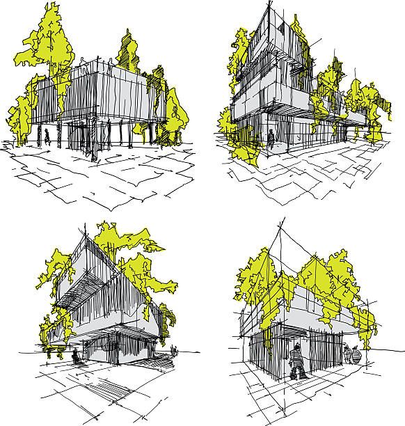 four different perspective renderings of a building