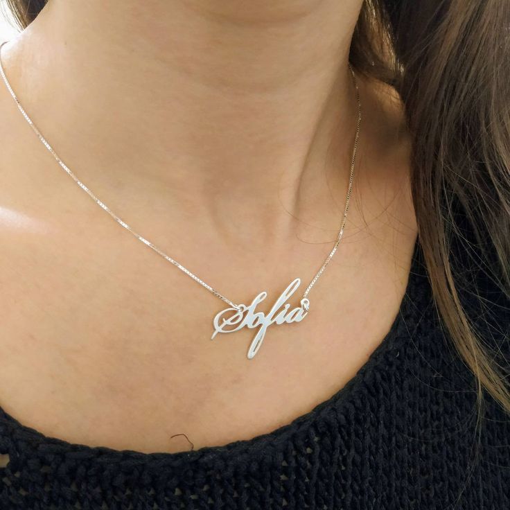 925 Silver Name Pendant - Custom Made Necklace - Personalized Jewelry - Cursive Sofia . . . . . . . . . . . . . . . . . . . . . . . . . . . . . . . . . . . . . . . . . . . . . . . . . . . . . . . . . Looking for a thoughtful gift for your loved one? You will love this high quality 925 Silver Name Pendant. This is a perfect gift for your girlfriend or wife. Personalize it with her name in a beautiful font. This lovely 925 sterling silver custom made necklace is made to order. Choose the name or w Personalized Nameplate Jewelry With Polished Finish, Customizable White Gold Nameplate Jewelry, Sterling Silver Fine Jewelry With Hallmarks, Silver Birthday Necklace In Fine Jewelry Style, Fine Jewelry In Sterling Silver With Hallmarks, Customizable Sterling Silver Necklaces For Formal Occasions, Customizable Sterling Silver Necklace For Formal Occasions, Fine Sterling Silver Jewelry With Hallmarks, Fine Jewelry Silver Necklace For Birthdays