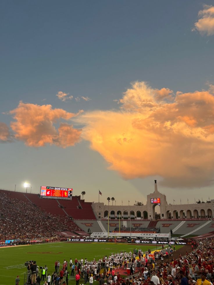 a stadium filled with lots of people on top of a lush green field under a cloudy sky