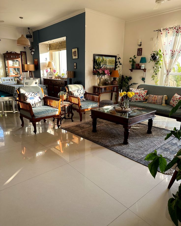 the living room is clean and ready for guests to come home with their family members