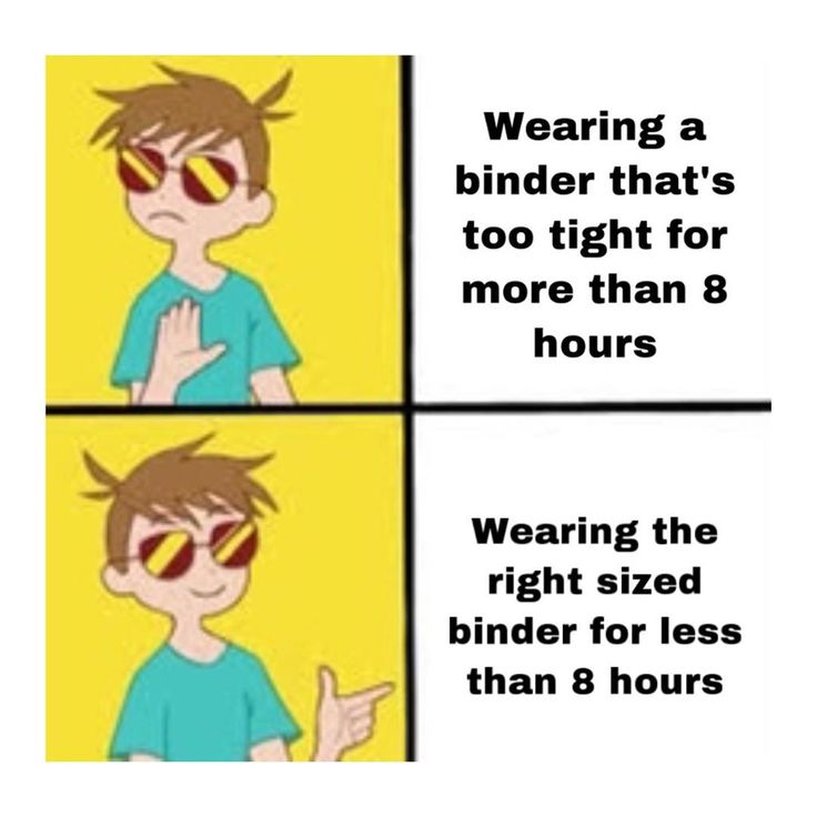 two pictures with the caption saying, wearing a blinder that's too tight for more than 8 hours wearing the right sized binder for less than 8 hours