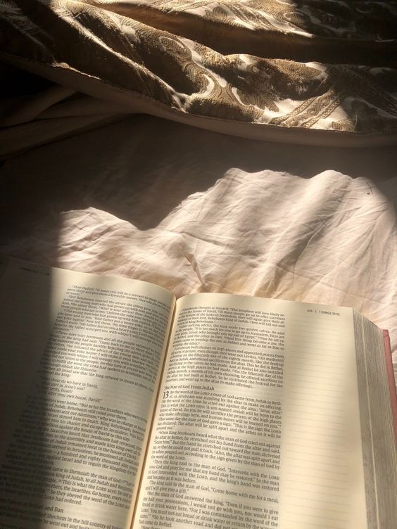 an open book sitting on top of a bed next to a pillow and blanket,