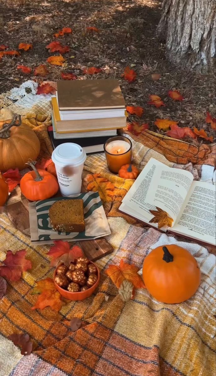 a table topped with books and pumpkins next to a cup of coffee on top of a blanket