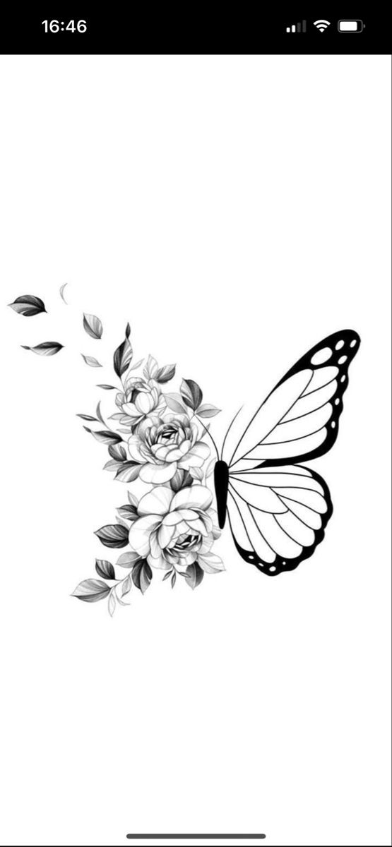 a black and white photo of a butterfly with flowers on it's back side