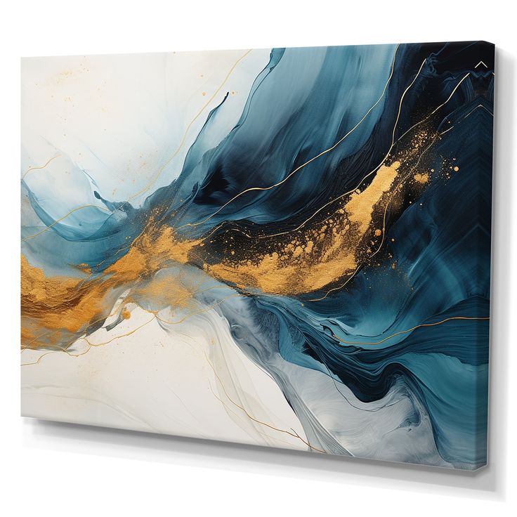 an abstract painting with gold and blue colors