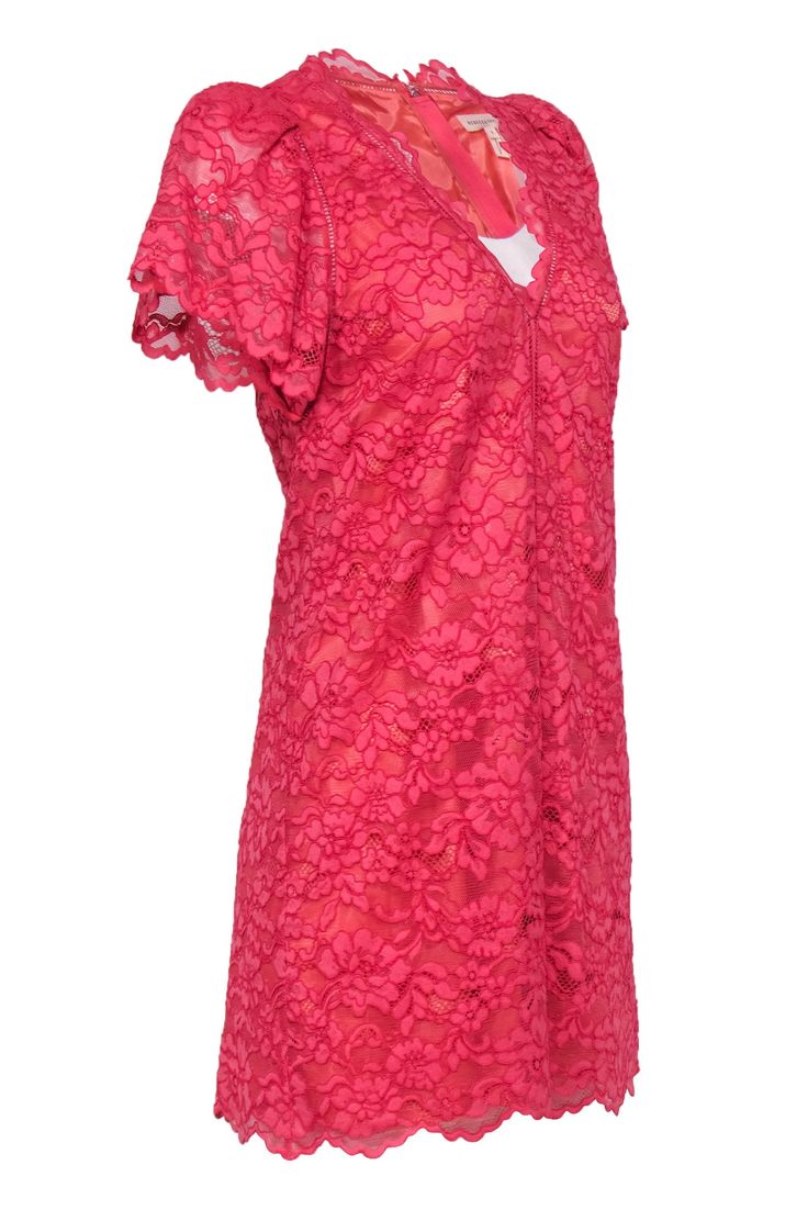 Go lush in lace with this absolutely adorable frock from Rebecca Taylor! Made with a delicate floral lace design in a vibrant coral hue, this puff sleeve beauty is perfect for your next swanky springtime soiree. You’ll be looking garden party glam when you pair this with wedges and a colorful clutch, enjoying mimosas on the patio in no time! Size 6 Shell: 65% Rayon, 35% Nylon Lining 1: 100% Polyester Lining 2: 100% Silk Concealed back zipper Lined Shift silhouette V-neckline Cap puff sleeves All Pink Summer Dresses With Lace Sleeves, Pink Summer Dress With Lace Sleeves, Summer Pink Dresses With Delicate Lace, Feminine Pink V-neck Lace Dress, Red Lace Feminine Dress, Pink V-neck Lace Dress With Lace Trim, Pink Dress With Lace Sleeves For Spring, Pink V-neck Lace Dress, Pink Scalloped Lace Dress For Garden Party