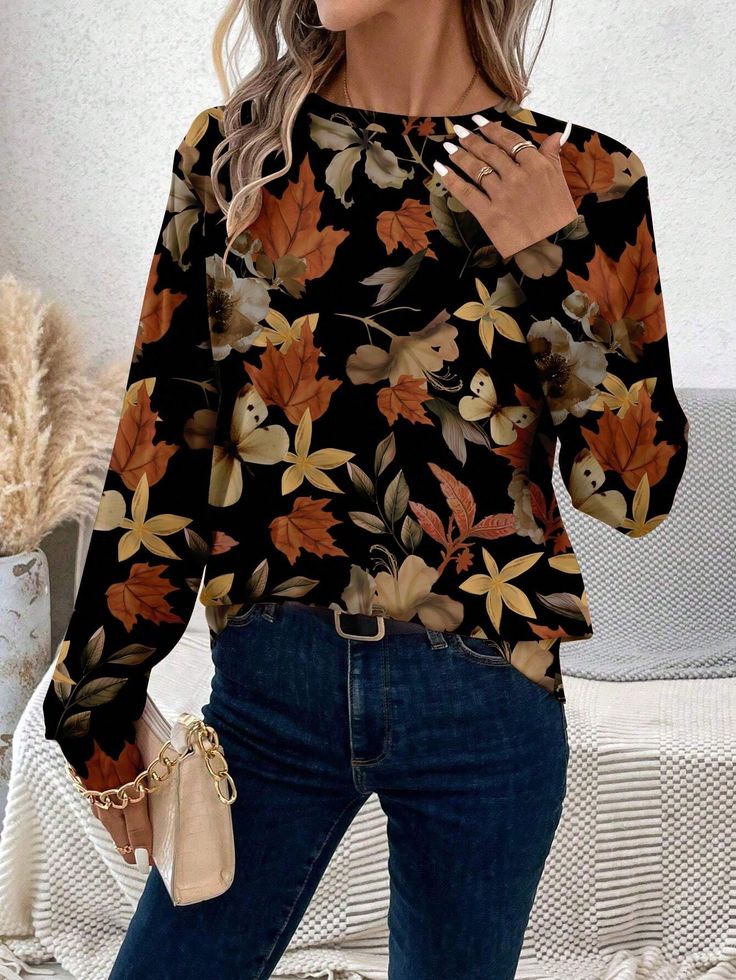 Plus Size Women Maple Leaf Print Loose Fit Crew Neck Long Sleeve T-Shirt, Casual For Autumn/Winter Christmas Women's Clothing Black Casual  Long Sleeve Knitted Fabric Floral,Plain,Plants,All Over Print  Medium Stretch  Women Plus Clothing, size features are:Bust: ,Length: ,Sleeve Length: Vintage Floral Pattern, Fabric Floral, Maple Leafs, Long Sleeve Knit Tops, Floral Vintage, Retro Stil, Inspiration Mode, Kids Sleepwear, Print Pullover