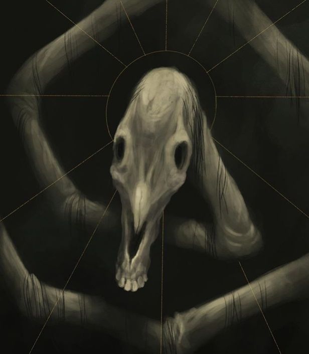 a painting of a skeleton holding onto a cross