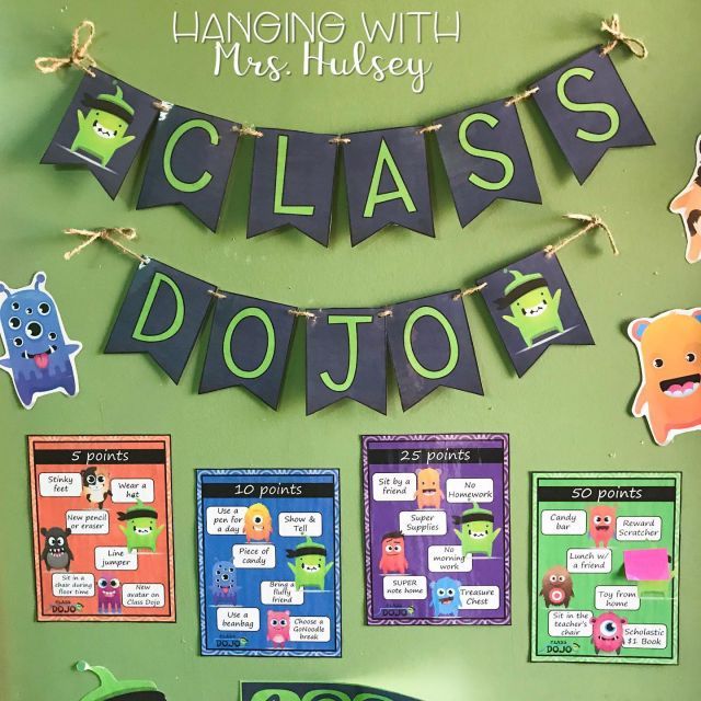 a classroom bulletin board with cut out monsters hanging from it's sides and words that spell out dojo