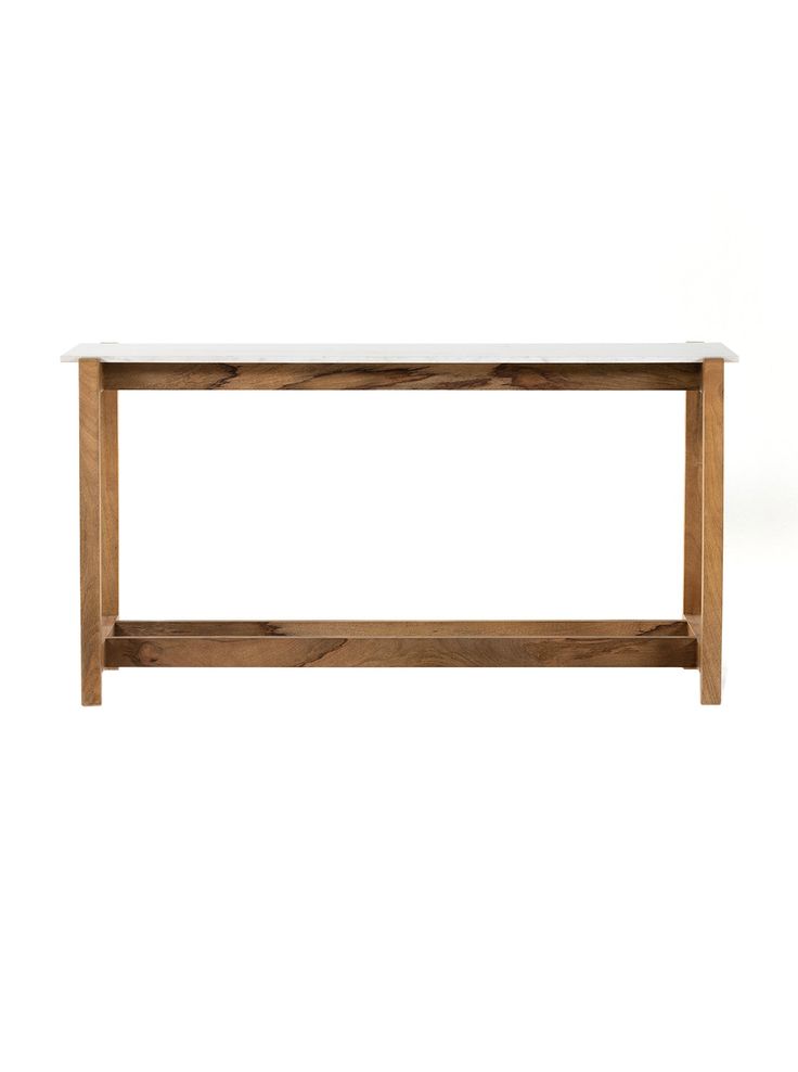 a wooden table with a white top and shelf below it, against a white background