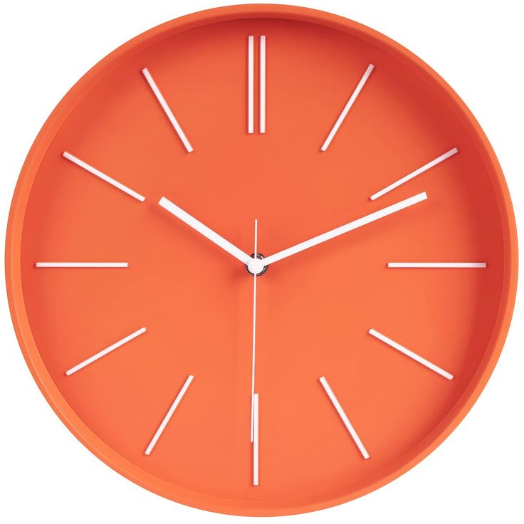 an orange clock with white hands and numbers on the face is shown in front of a white background