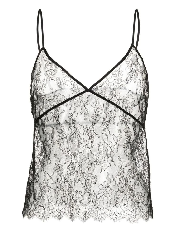 Kiki De Montparnasse floral-lace V-neck Top - Farfetch Minimal Chic Style, Lace Camisole Top, Silk Sleeveless Top, Black Cami Top, Kiki De Montparnasse, Scallop Hem, Black Camisole, City Dress, Lace Camisole