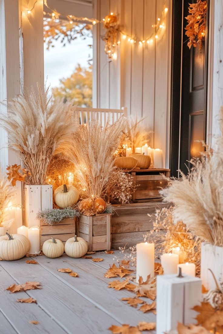 a porch decorated for fall with candles and pumpkins