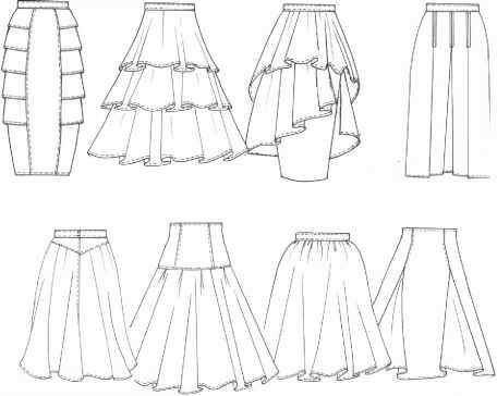 an image of different types of skirts on a white background, including one with ruffles and the other with pleated