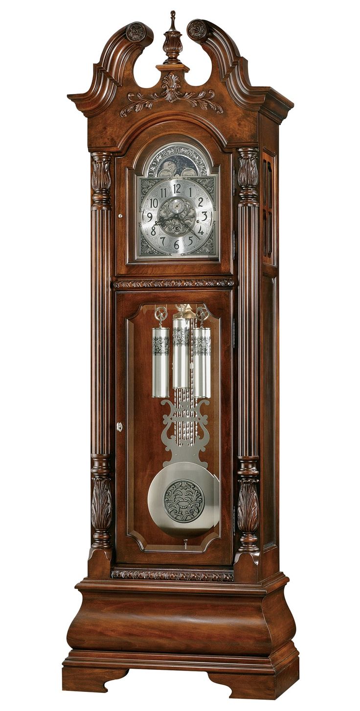 an old fashioned grandfather clock with pendulums on the front and sides, isolated against a white background