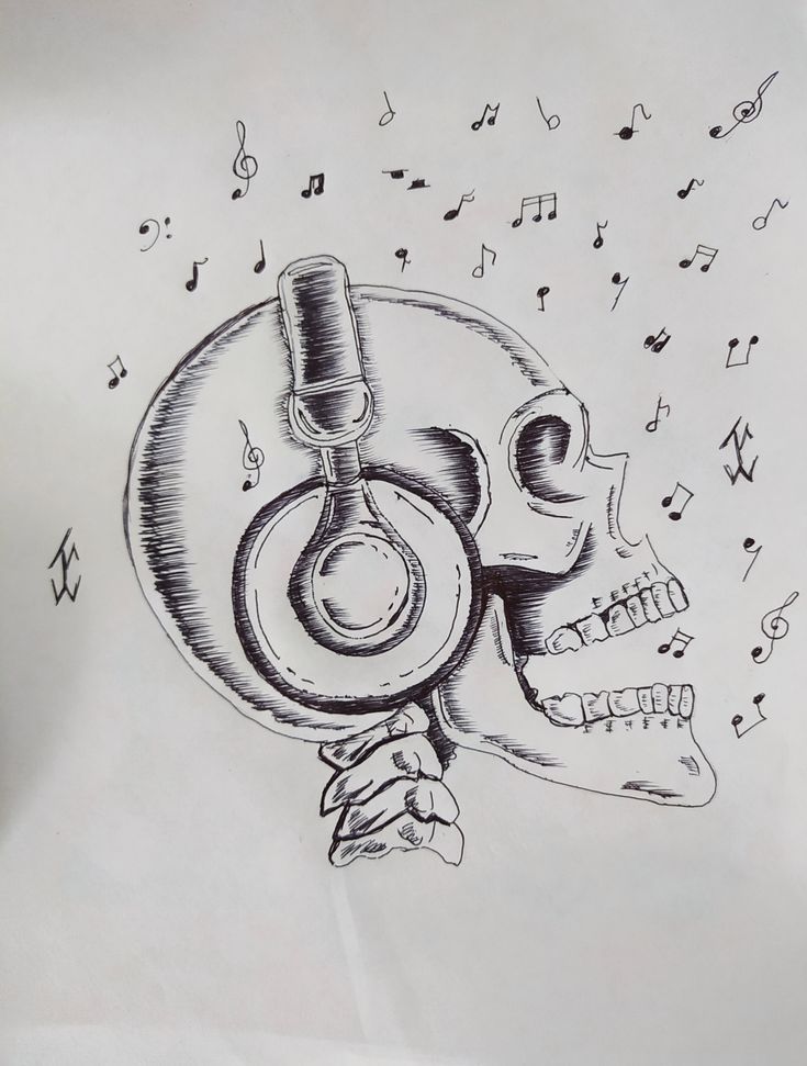 a drawing of a skull with headphones and music notes coming out of its ear