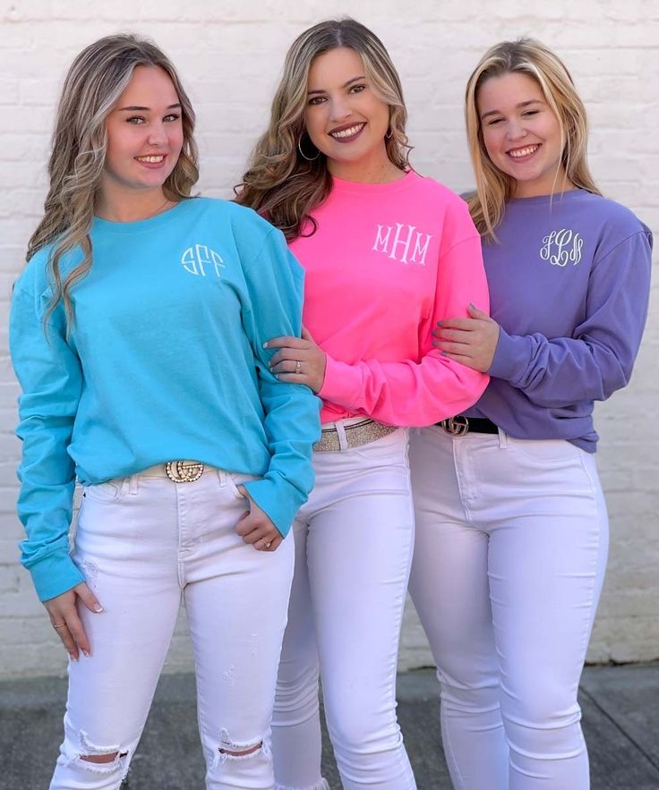 Long sleeve tees are perfect for all seasons and you will love this one! These are pigment dyed and are super soft! They are so comfy and are great paired with jeans, our monogrammed leggings, or shorts! You will want one in every color! Choose your own color monogram!  * 5.5-ounce, 100% pigment-dyed ring spun cotton Neon Coral, Every Color, Blue Moon, Neon Pink, Long Sleeve Tee, All Seasons, Blue Denim, Long Sleeve Tees, Graphic Sweatshirt