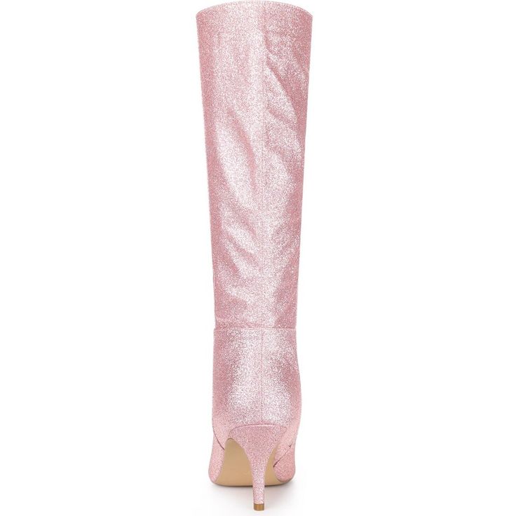 The whole sparkle boots create the perfect fit on the knee. They are styled with a sleek pointy toe, a stiletto heel, and a side zip. Pair these glittery heels with skirts or jeans for a chic night-out look to make you a queen at a party. It is great for going out. Glamorous Fitted Knee-high Winter Boots, Glamorous Fitted Knee-high Boots For Winter, Glitter Pointed Toe Party Boots, Glitter Boots With Pointed Toe For Party, Party Glitter Boots With Pointed Toe, Party Boots With Shimmer And Pointed Toe, Glamorous Shimmer Boots With Pointed Toe, Glamorous Shimmer Pointed Toe Boots, Glamorous Fitted High Heel Boots