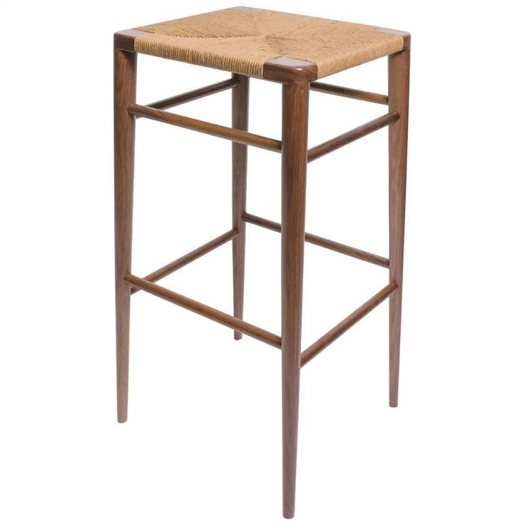 a wooden stool with a rattan seat on the back and legs, against a white background