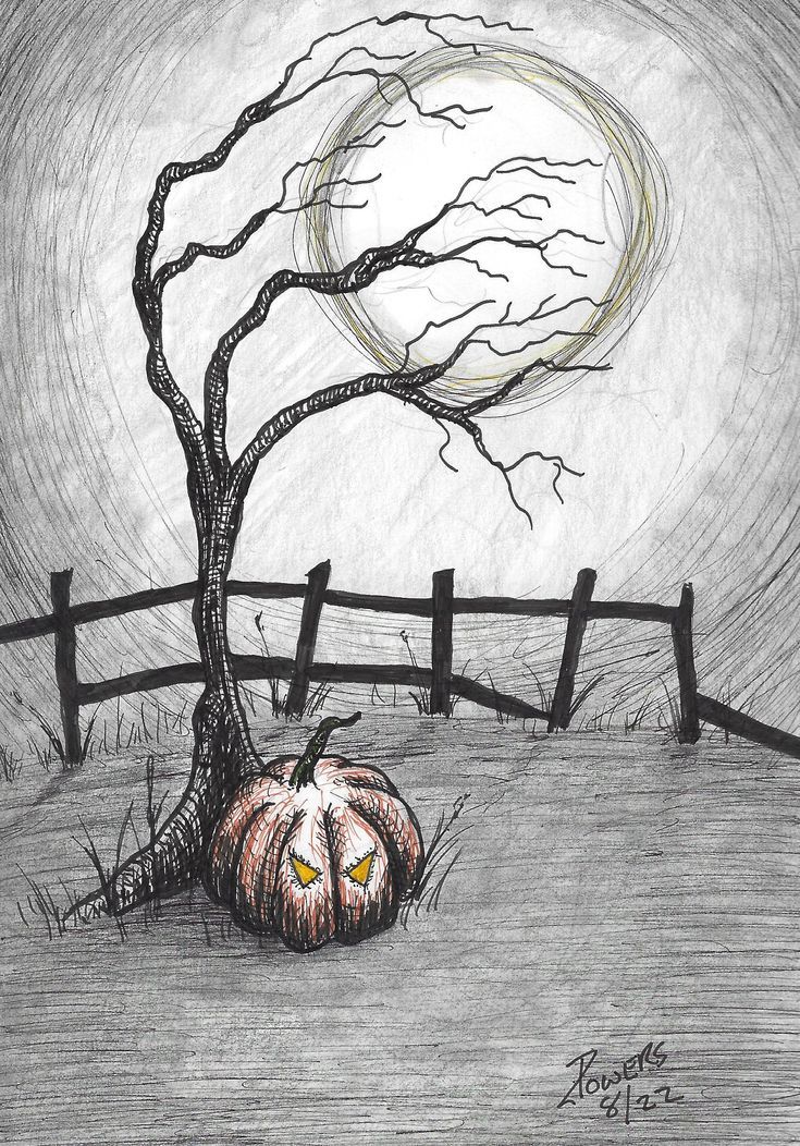 a drawing of a pumpkin sitting under a tree