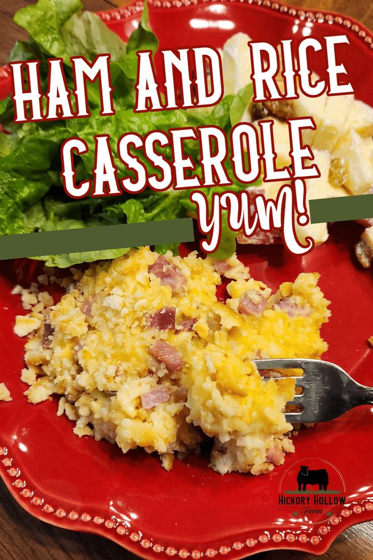 ham and rice casserole yum is on a red plate with a fork