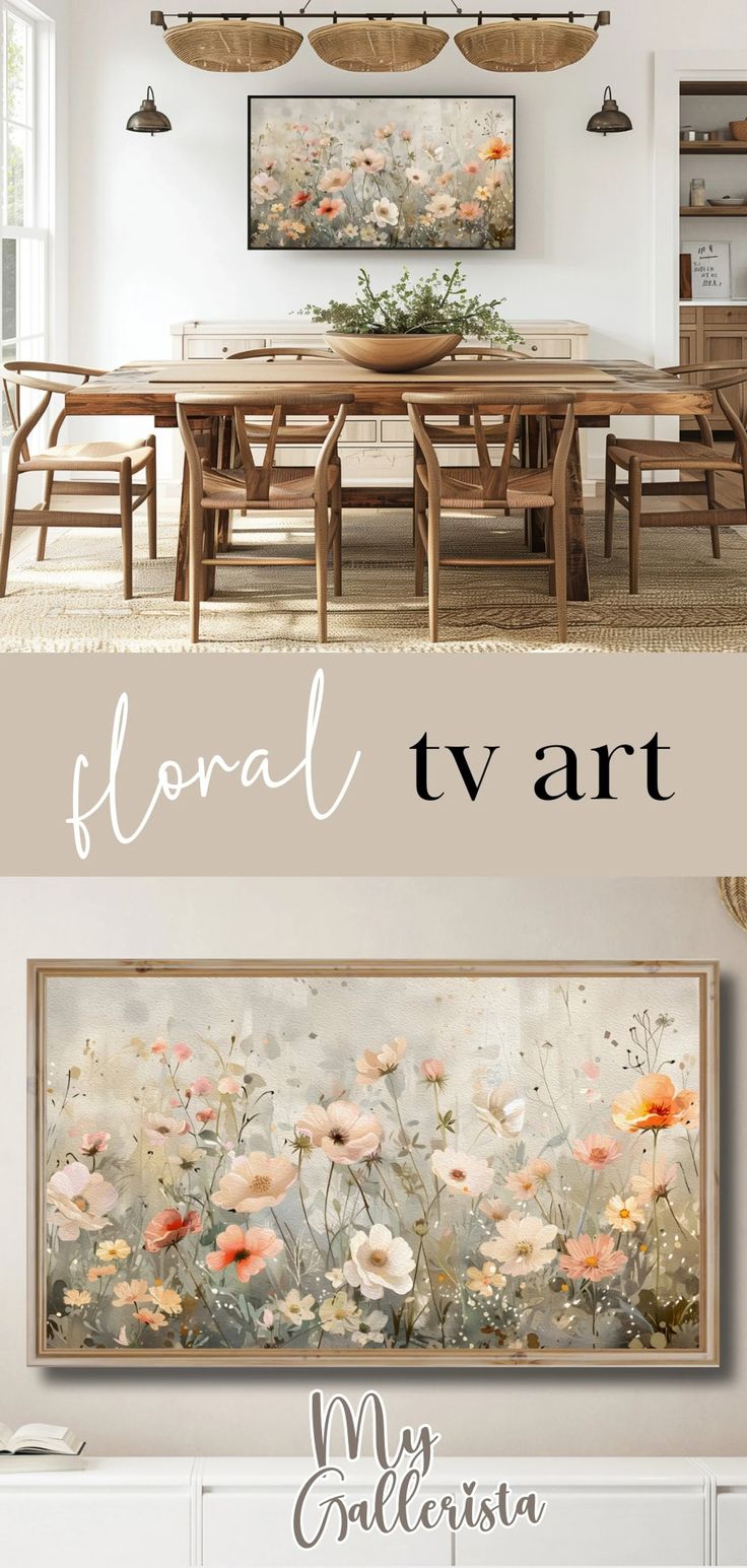 a dining room table with flowers painted on the wall above it and an image of a flower