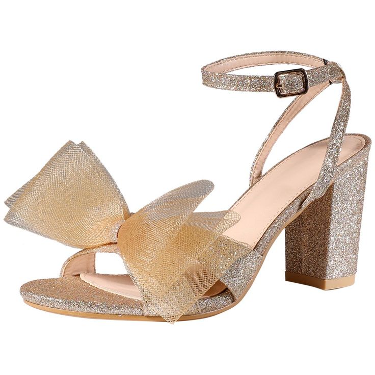 Looking for a stylish and comfortable sandal to add to your collection? Look no further! This glitter-encrusted sandal features adjustable straps and a cushioned footbed for optimal comfort. The wrapped block heel adds a touch of elegance, while the ankle strap and mesh bow decor provide a secure fit. Made with high-quality materials such as glitter and mesh for the vamp, ABS for the heels, and rubber for the outsole, this chunky heel sandal is both durable and chic. With a heel height of 3.3 in Adjustable Closed Toe Party Sandals, Closed Toe Slingback Sandals With Buckle For Party, High Heel Glitter Sandals For Summer, Party Sandals With Strap, Summer Glitter Block Heel Sandals, Gold Slingback Sandals With Round Toe For Party, Adjustable Open Toe Sandals For Party, Glitter Open Heel Sandals For Summer, Gold Strappy Heels For Party