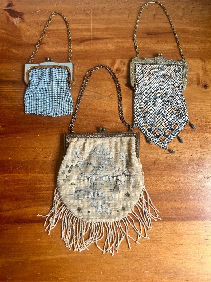 These are some very cool antique purses that were likely made in the 1920's. I acquired these from an elderly antiques dealer in East Texas. The two blue metal mesh purse was made by Whitling & Davis, the longer metal mesh purse was made by Mandalian MFG Co which was later purchased by Whitling & Davis, and the white beaded purse says "Made in France" on the inside tag.  Please see photos of the metal purses as they both have signs of wear and some of the stitching has separated on both sides of Antique Beaded Bags For Vintage Events, Vintage Beaded Bags For Gifts, Handmade Victorian Bags, Traditional Handmade Bags For Vintage Events, Handmade Rectangular Art Deco Bag, Art Deco Rectangular Handmade Bag, Antique Handmade Pouch Bag, Antique Handmade Bags For Vintage Events, Handmade Antique Bags For Vintage Events