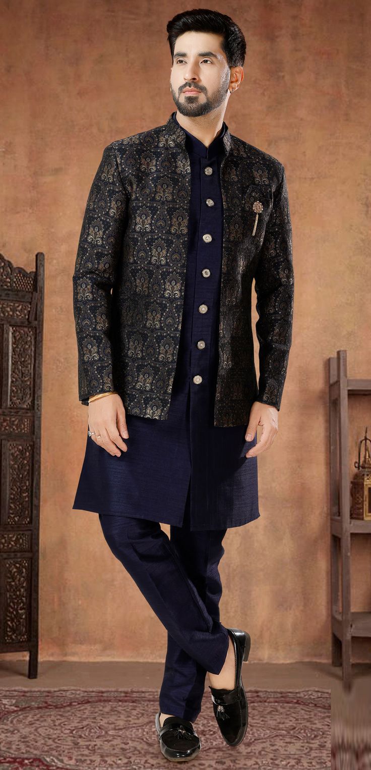 Kurta Pyjama With Jacket, Mens Kurta Designs, Mens Kurta, Kurta Pyjama, Eid Special, Wedding Blue, Kurta Designs, Thread Work, Silk Fabric