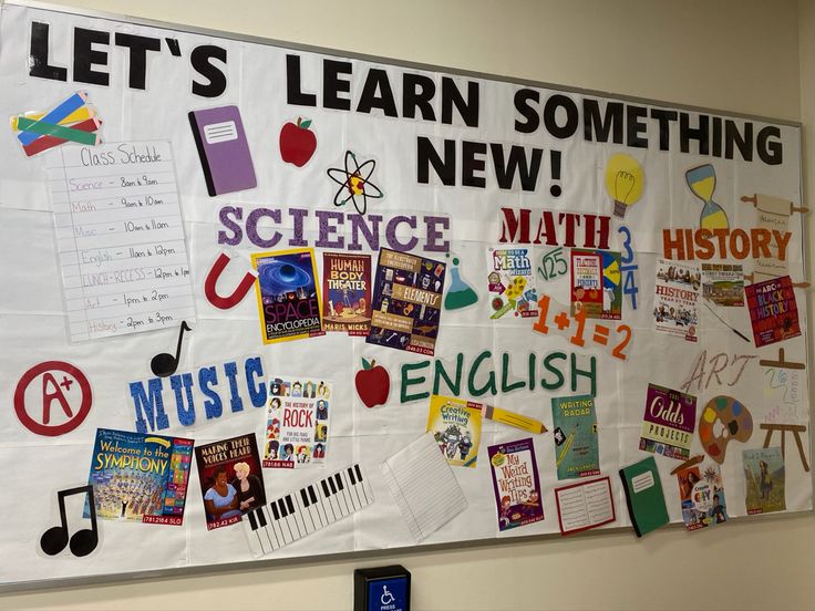 a bulletin board with pictures and writing on it that says let's learn something new