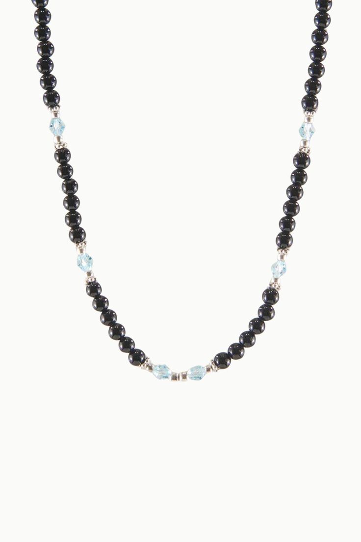 Inspiration Black Onyx and Blue Crystals necklace is a beautiful accessory, inviting you to discover your true purpose and gifts in life. Black Onyx offers powerful protection by absorbing and transforming negative energy, while Blue Crystals attract inspiration, sincerity, and potential. Oxidized sterling silver beads and spacers add an elegant touch to this beautiful balancing and healing necklace. Black Onyx: Endurance, Perseverance, Grounding Blue Crystals: Inspiration, Sincerity, Potential Black Gemstone Beads Necklace For Healing, Black Necklace With Healing Gemstone Beads, Black Necklace With Gemstone Beads For Healing, Black Necklaces With Gemstone Beads For Healing, Black Gemstone Beaded Necklace With Spiritual Style, Black Onyx Crystal Necklace With Natural Stones, Spiritual Black Beaded Gemstone Necklaces, Spiritual Black Gemstone Beaded Necklace, Spiritual Black Beaded Gemstone Necklace