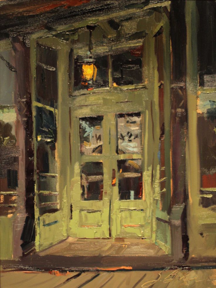 an oil painting of a green door in front of a building with light on it