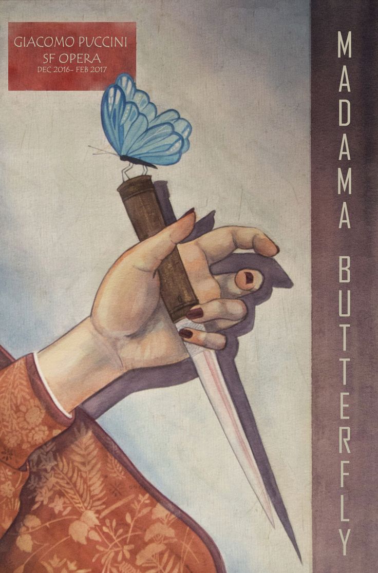 a painting of a hand holding a knife with a blue butterfly on top of it