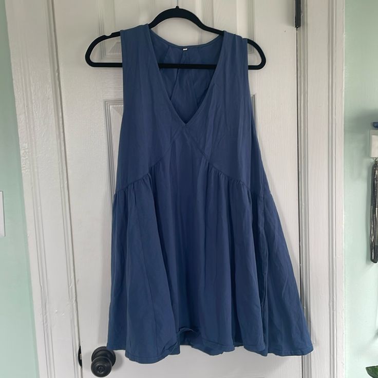 Cool Stitching Detailing. Never Worn But Has Been Washed! Blue Unlined Dress For Day Out, Blue Dress For Day Out, Blue Dresses For Day Out, Blue Unlined Cotton Dress, Blue Unlined Summer Dress, Blue Cotton Unlined Dress, Blue Unlined Spring Dresses, Unlined Blue Summer Dress, Blue Unlined V-neck Dress