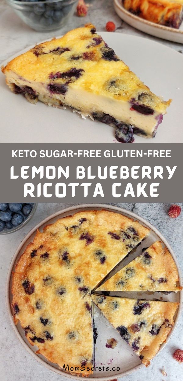 a lemon blueberry ricotta cake is cut into slices and served on a plate