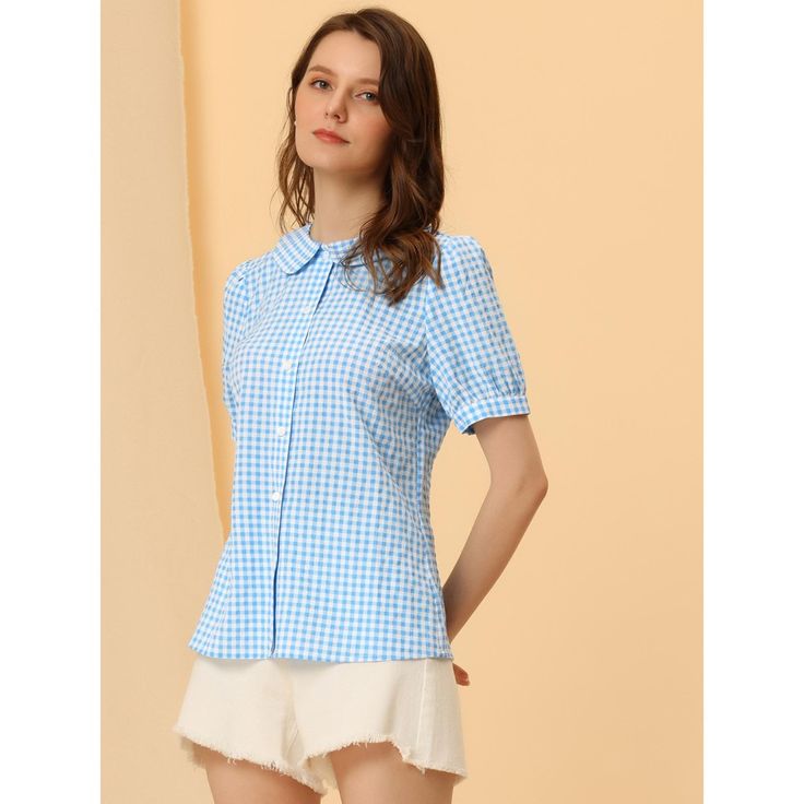 The gingham check pattern and full placket highlight the perfect short sleeve with the button-down of this soft and lightweight shirt. Made of lightweight woven, this versatile top is a summer staple that can be styled with just about anything. Puff sleeves add a bit of feminine touch, and add some flare to your everyday look. Pair it with pants or skirts and heels for an elegant work look. Summer Plaid Button-up Short Sleeve Shirt, Casual Collared Gingham Shirt, Casual Gingham Collared Shirt, Casual Gingham Puff Sleeve Blouse, Short Sleeve Gingham Tops With Button Closure, Casual Gingham Blouse With Puff Sleeves, Casual Gingham Shirt For Daywear, Preppy Short Sleeve Tops For Spring, Gingham Short Sleeve Top With Button Closure