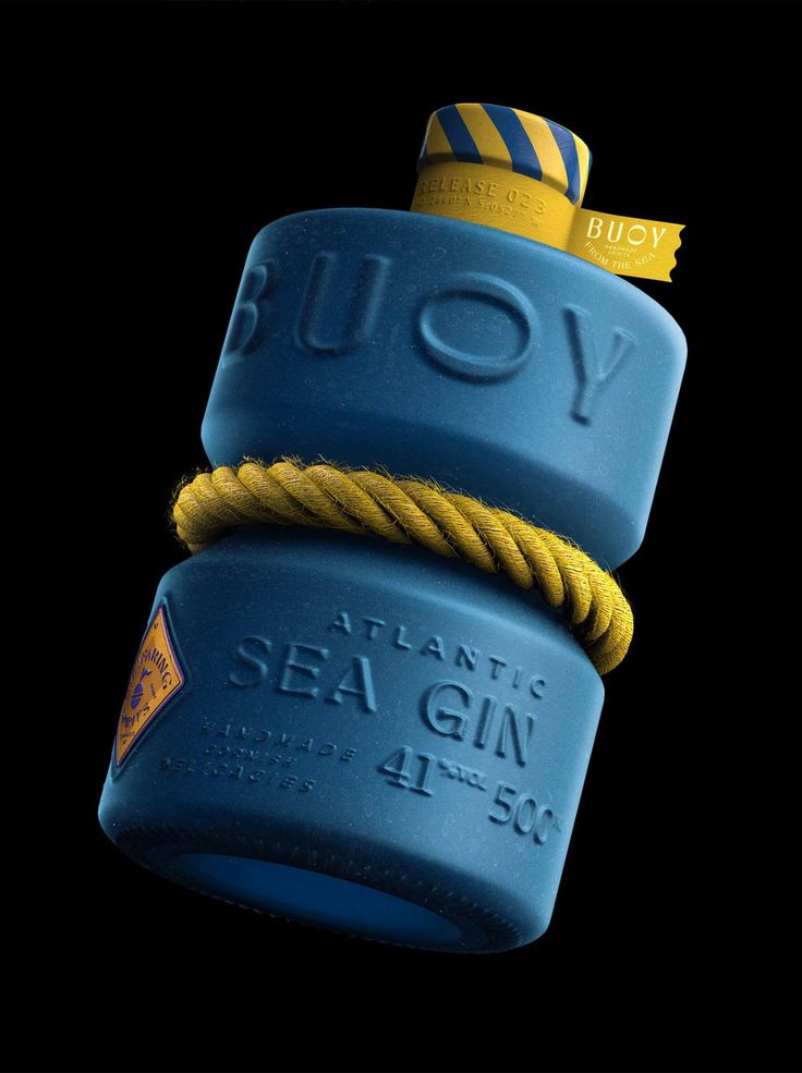 a blue bottle that has some yellow rope on it's top and the words juicy are