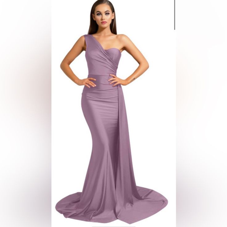 Portia & Scarlett Evening Gown. Perfect For A Wedding Guest Or Moh Dress! Light Mauve, Never Worn, Incredibly Flattering. Wedding Evening Dress With Sweep Train And Asymmetrical Neckline, Wedding Evening Dress With Asymmetrical Neckline And Sweep Train, Gala Dresses With Detachable Train For Prom Season, Elegant Fitted Purple Ball Gown, Fitted Ball Gown With Sweep Train For Evening, Purple One-shoulder Fitted Evening Dress, Wedding Evening Dress With Fitted Bodice And Asymmetrical Neckline, Purple Fitted One-shoulder Evening Dress, Asymmetrical Neckline Evening Dress For Wedding With Fitted Bodice