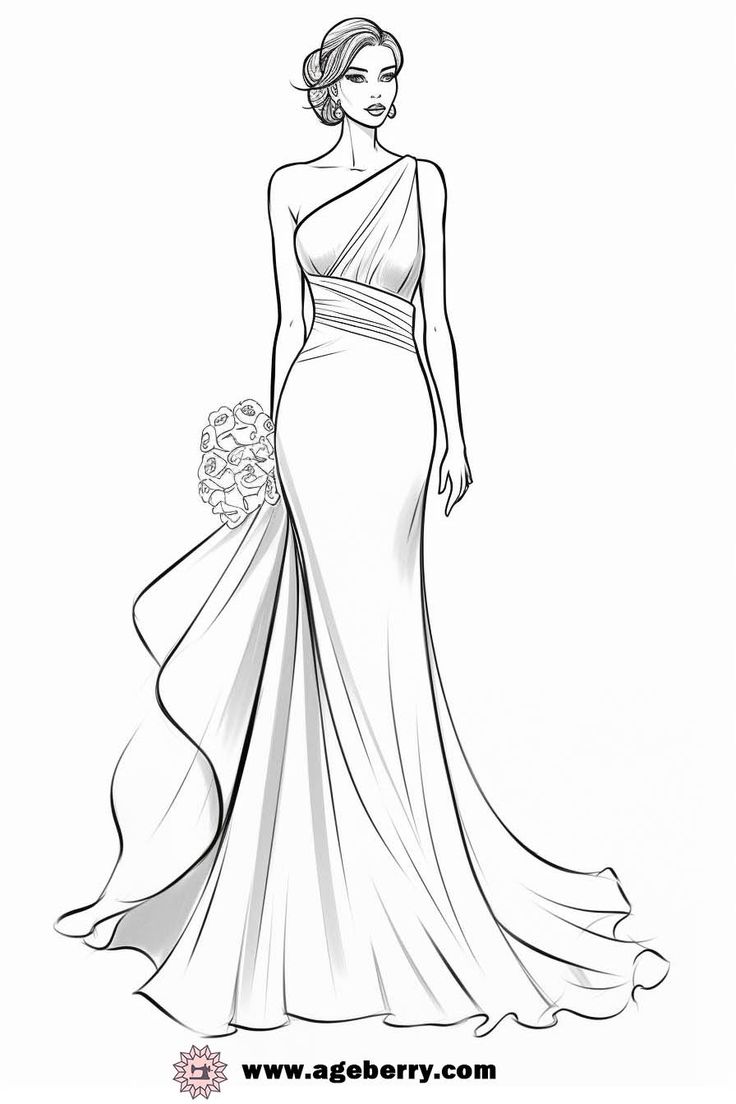 a line drawing of a woman in a dress with flowers on the side and one shoulder