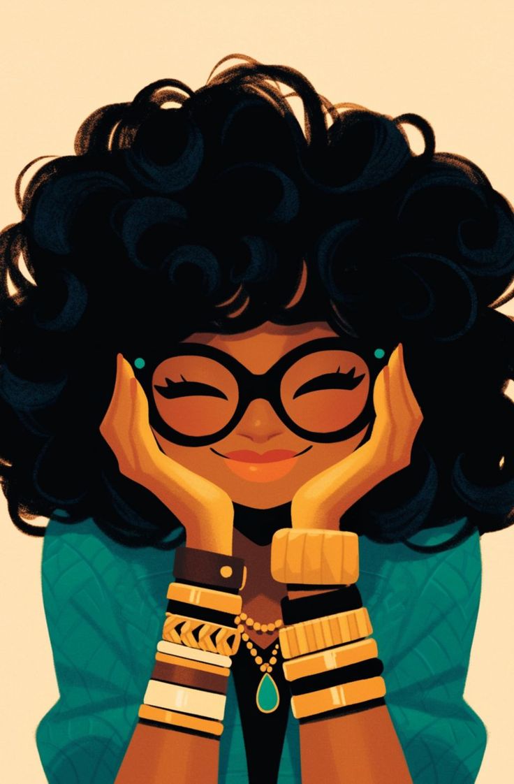 an illustration of a woman with glasses and bracelets covering her eyes while holding her hands to her face