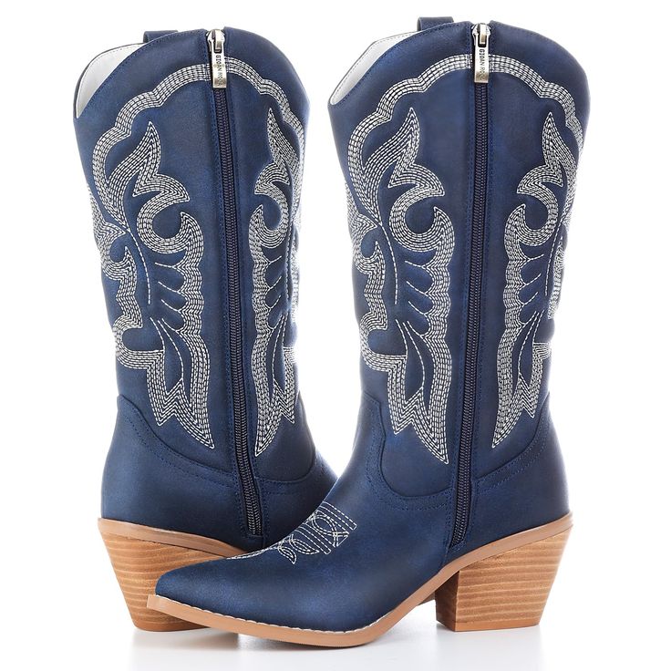 PRICES MAY VARY. Featuring：- Western inspired embroidery on upper - Soft pointed toe - Mid block heel - Oversized side pull tabs for a pull on design - white base with western inspired stitching. Comfy&Obsessed- High-quality lightweight non-slip durable rubber sole with about 2-inch heel allows you to comfort play with the summer cowgirl boot outfits. perfect party western boots, wedding bridal western boots. More matching - these womens cowboy boots Satisfy your matching requirements for all se Dark Blue Cowboy Boots, Royal Blue Cowboy Boots, Blue Cowboy Boots, Cowgirl Boots Outfit, Womens Cowgirl Boots, Cowboy Boots Women, 2 Inch Heels, Cute Nikes, Western Cowboy Boots