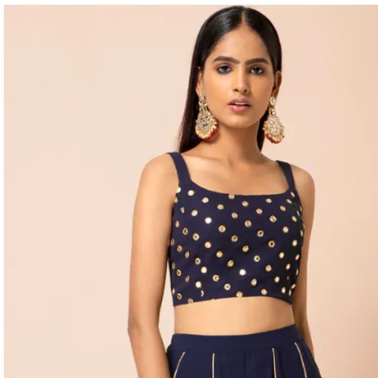 Navy Mirror Work Strappy Crop Top Size Small Great For Indian Wedding Brand New Cheap Blouse Piece With Cutdana For Diwali, Navy Mirror, Wedding Brand, Strappy Crop Top, Saree Blouses, Mirror Work, Saree Blouse, Indian Wedding, Crop Top