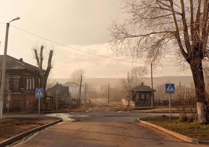 an empty street with houses and trees on both sides, in the middle of town