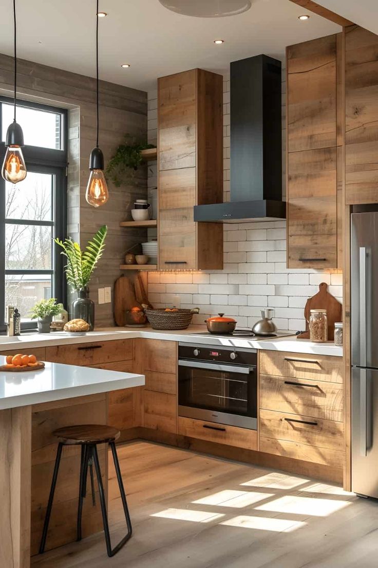 a kitchen with wooden cabinets and white counter tops, along with an island in the middle