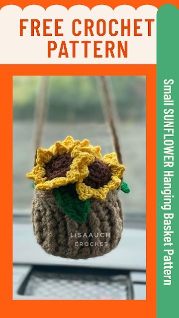 Small sunflower crochet pattern with hanging basket Margarita Flower, Sunflower Basket, Crochet Plants, Crochet Succulent, Crochet Plant Hanger, Small Sunflower, Crochet Car, Crocheting Ideas, Hanging Flower Baskets