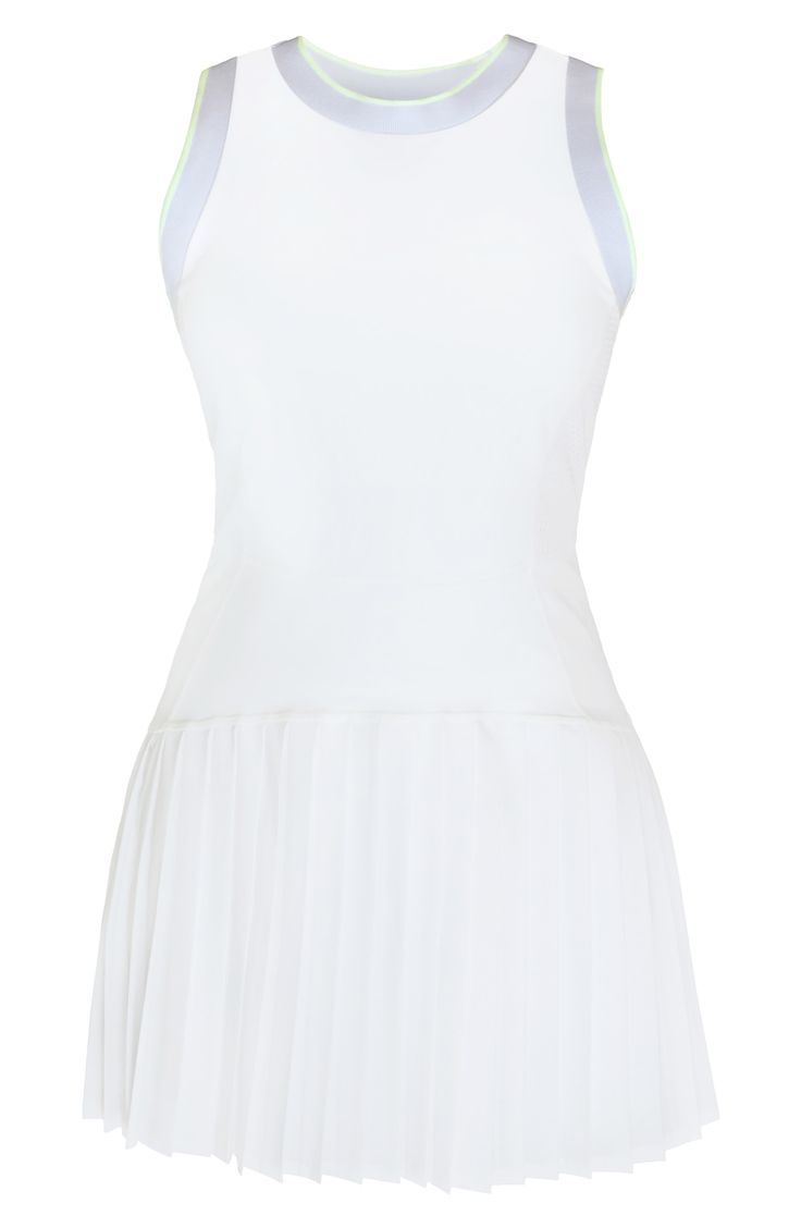 Stash spare balls in the zip pocket of this sporty tennis dress made from stretchy, moisture-wicking fabric to keep you moving with ease on the court. Slips on over head Crewneck Sleeveless Back hidden-zip pocket Moisture-wicking fabric engineered for dryness and comfort Water-resistant skirt 62% polyamide, 38% elastane with 66% polyester, 34% elastane mesh contrast Machine wash, dry flat Imported Fitted Sleeveless Tennis Dress For Sports, Fitted Sleeveless Tennis Dress, White Tennis Dress For Summer Sports, White Summer Tennis Dress For Workout, White Athleisure Tennis Dress For Sports, Sporty Pleated Tennis Dress For Summer, White Athleisure Tennis Dress, Athleisure Tennis Dress For Spring, White Fitted Tennis Skirt For Athleisure