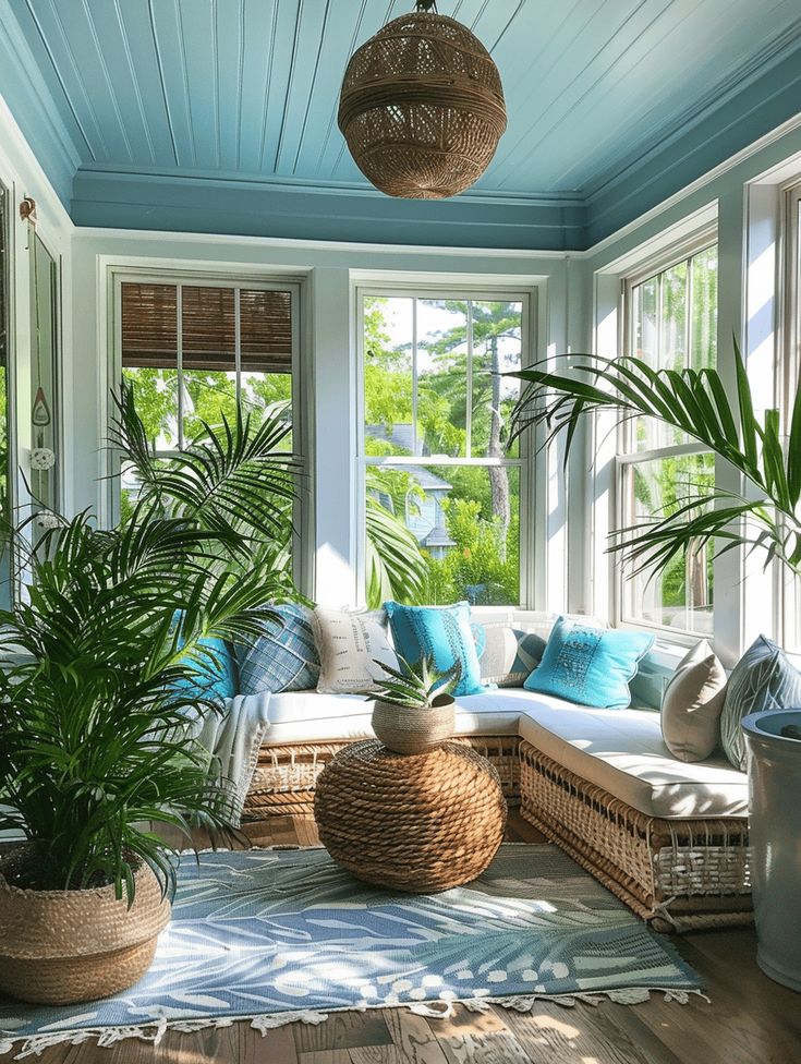 a living room filled with lots of furniture next to large potted plants on top of a wooden floor