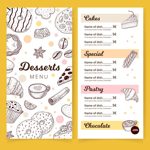 a menu for desserts on a yellow background