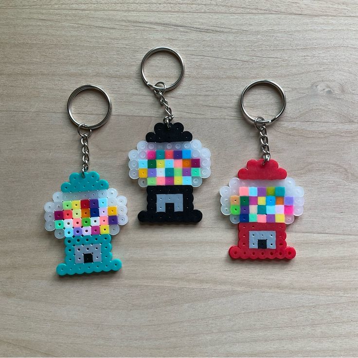 Handmade Gumball Machine Keychains Made Of Perler Beads. Set Of 3 Keychains: 1 Black Gumball Keychain 1 Red Gumball Keychain 1 Green Gumball Keychain Melted Bead Keychain, Cute Bead Art Ideas, Perler Beads Shoes, Hello Kitty Christmas Perler Beads, Perler Keychain Pattern, Shrimp Perler Beads, Black Panther Perler Beads, Fused Bead Art, Best Perler Bead Patterns