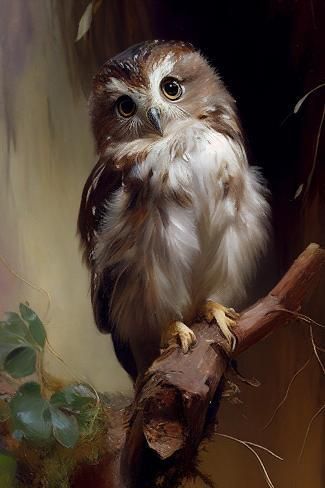 an owl sitting on top of a tree branch next to a leafy plant in a painting